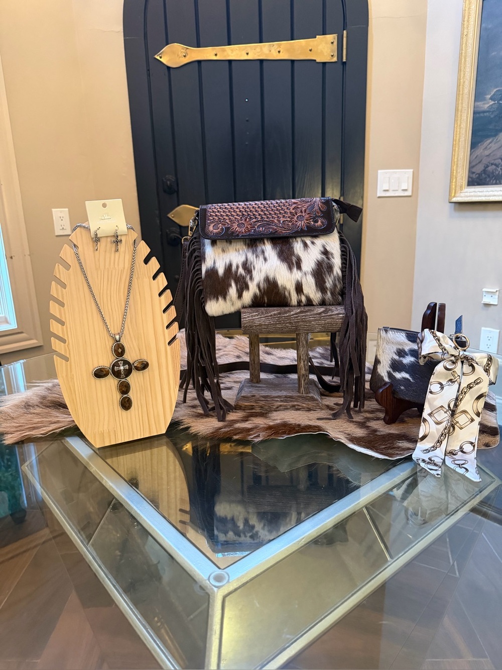 Genuine Cowhide Tooled Leather Hair on Hide Fringe Crossbody Bag Western Boho